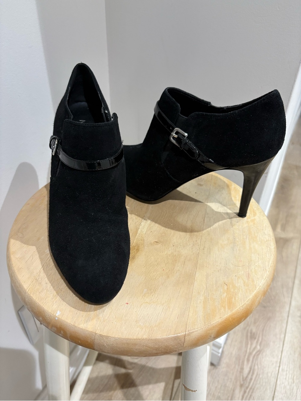Nine West Black Suede Ankle Booties with Patent Strap - Picture 2 of 4